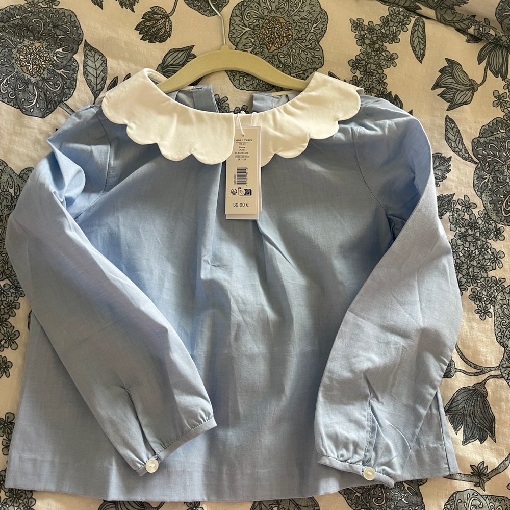 Jacadi Light Blue Long-Sleeve Top with White Scalloped Collar